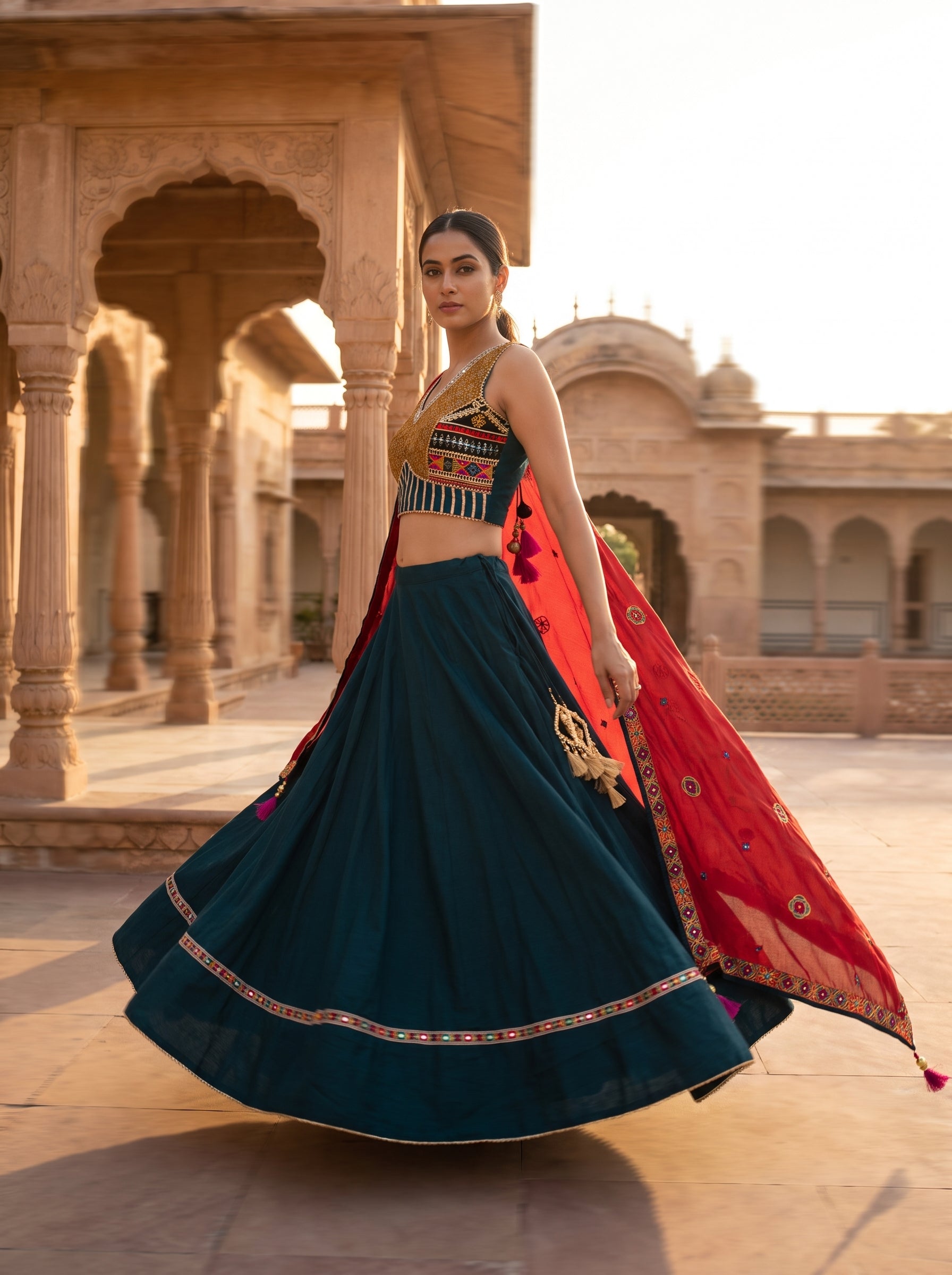 Dark Teal Navratri Chaniya Choli Mirror Work | Palkhi Fashion