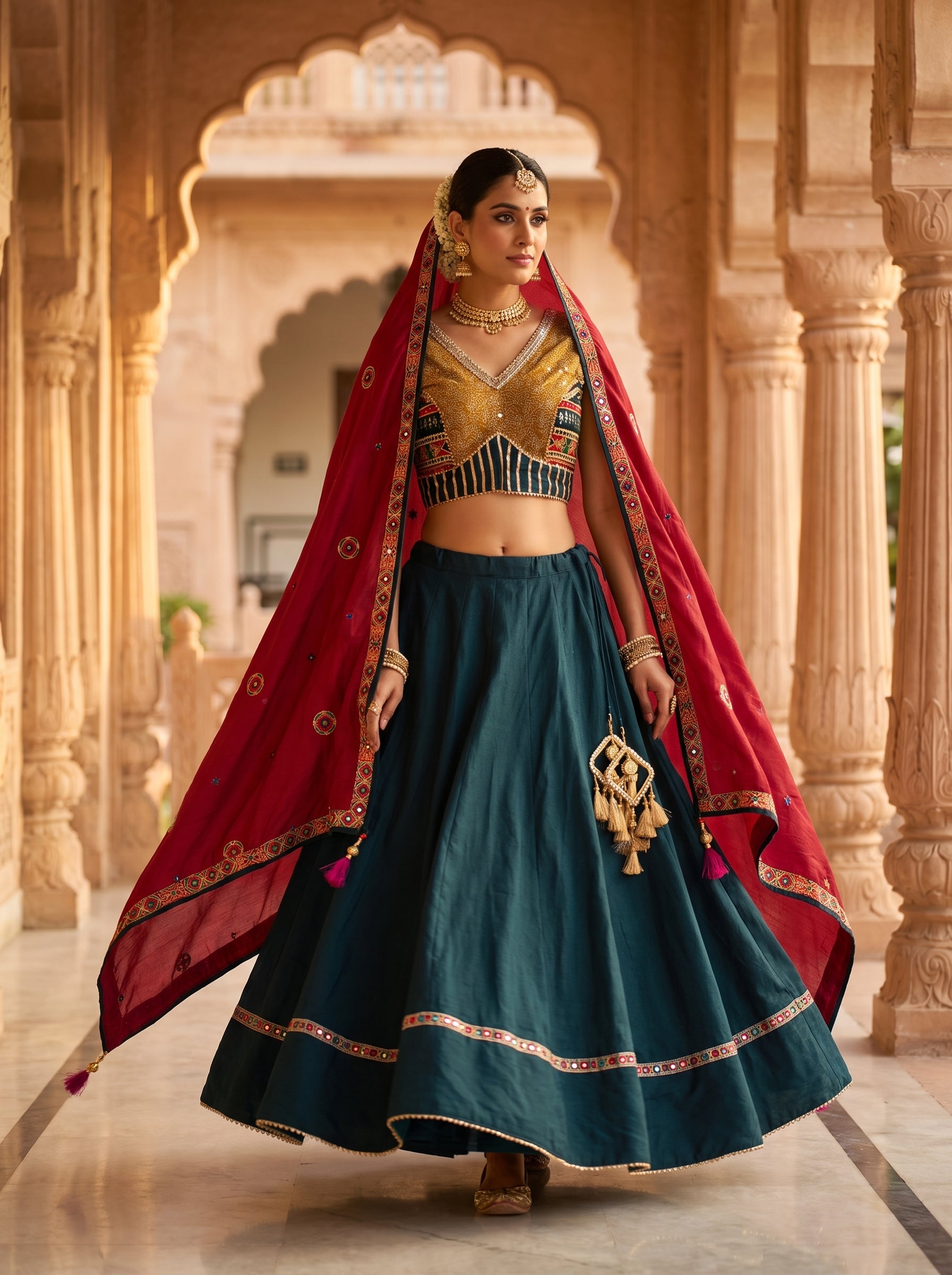 Dark Teal Navratri Chaniya Choli Mirror Work | Palkhi Fashion