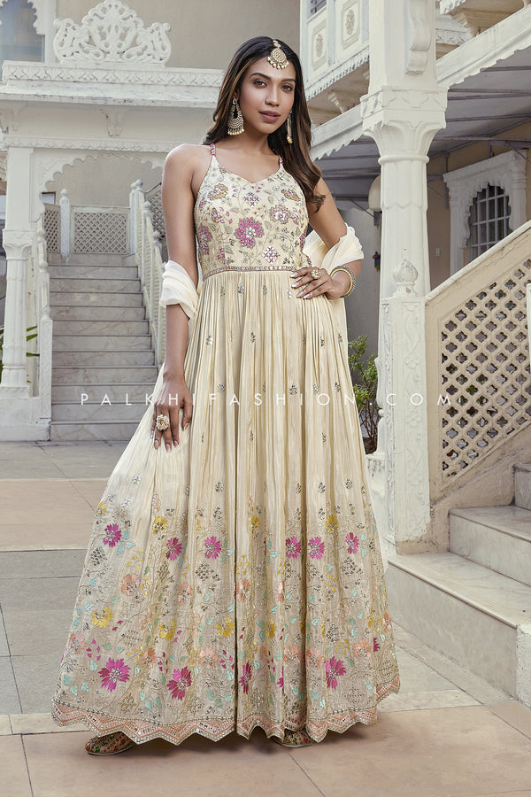 Dazzle in Cream Silk Indian Designer Outfit with Exquisite Embellishments
