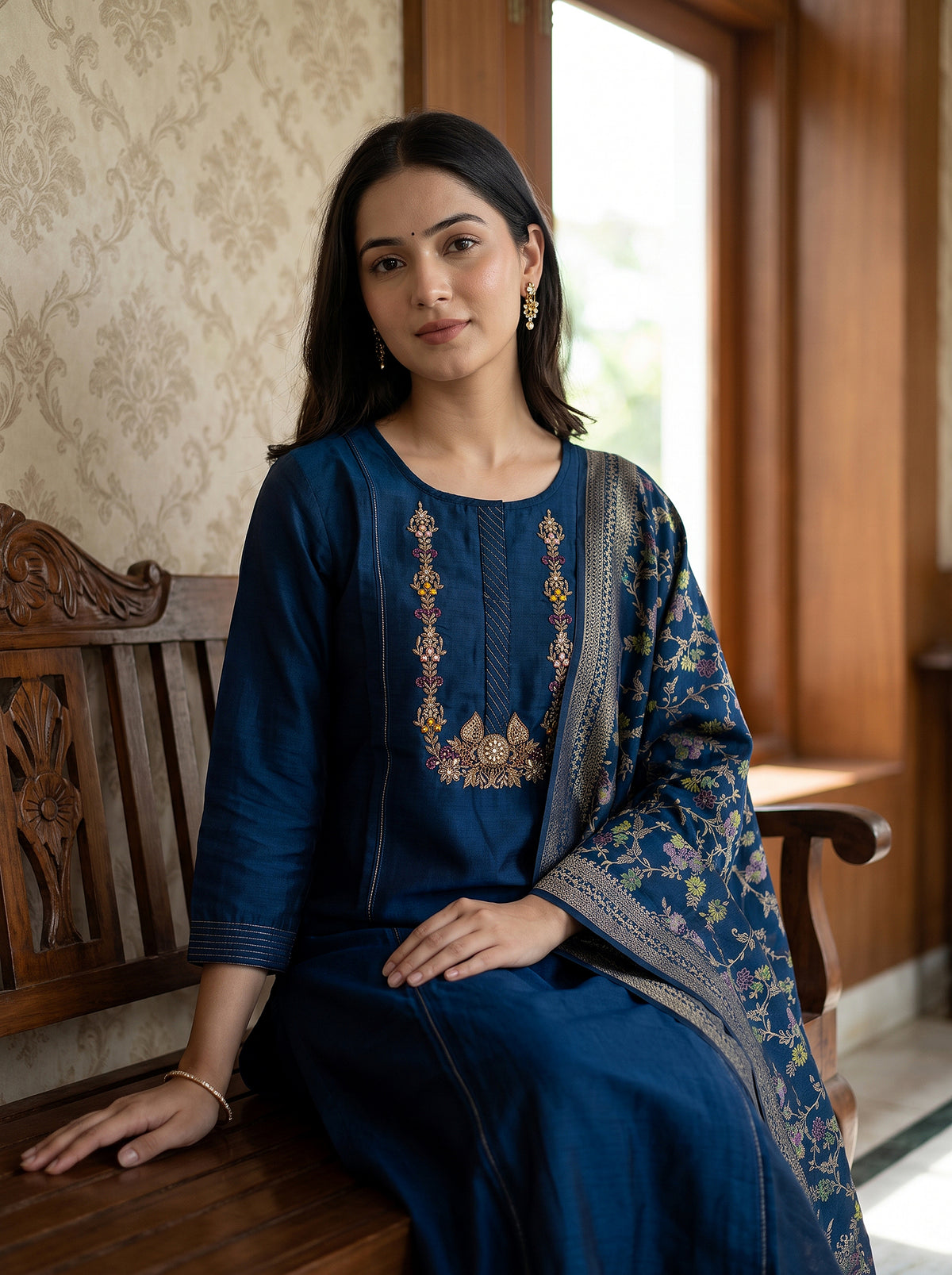 Sapphire Elegance | Designer Blue Silk Salwar Kameez with Cutdana Embroidery | Palkhi Fashion