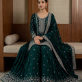 Emerald Grandeur | Deep Green Embroidered Palazzo Suit with Sheer Dupatta | Palkhi Fashion
