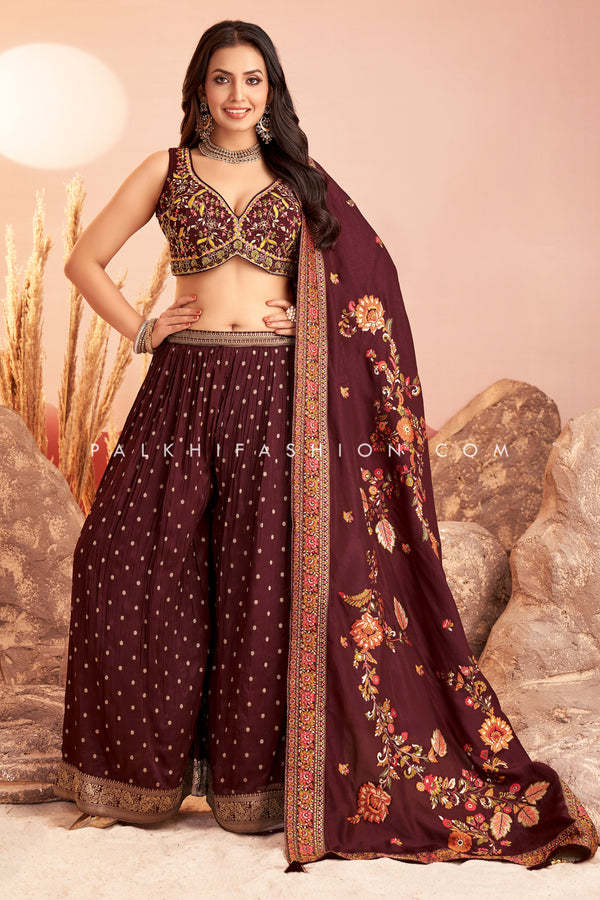 Deep Maroon Crop Top Palazzo Outfit with Banarasi Dupatta | Palkhi Fashion