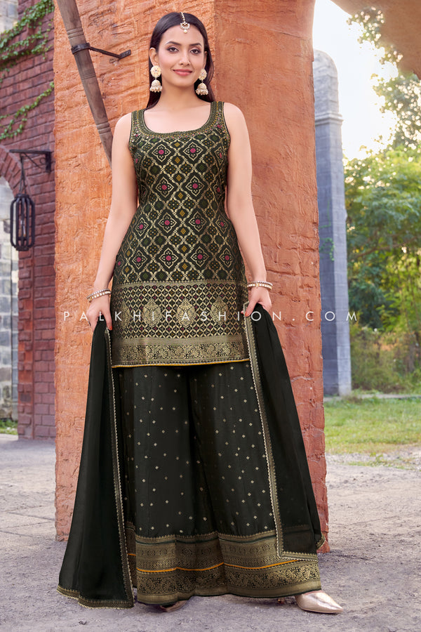 Deep Mehendi Green Palazzo Outfit with Bandhani & Silk Weaving - Palkhi Fashion