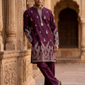 Regal Aura | Designer Deep Plum Kurta Set for Men with Embroidered Hem | Palkhi Fashion