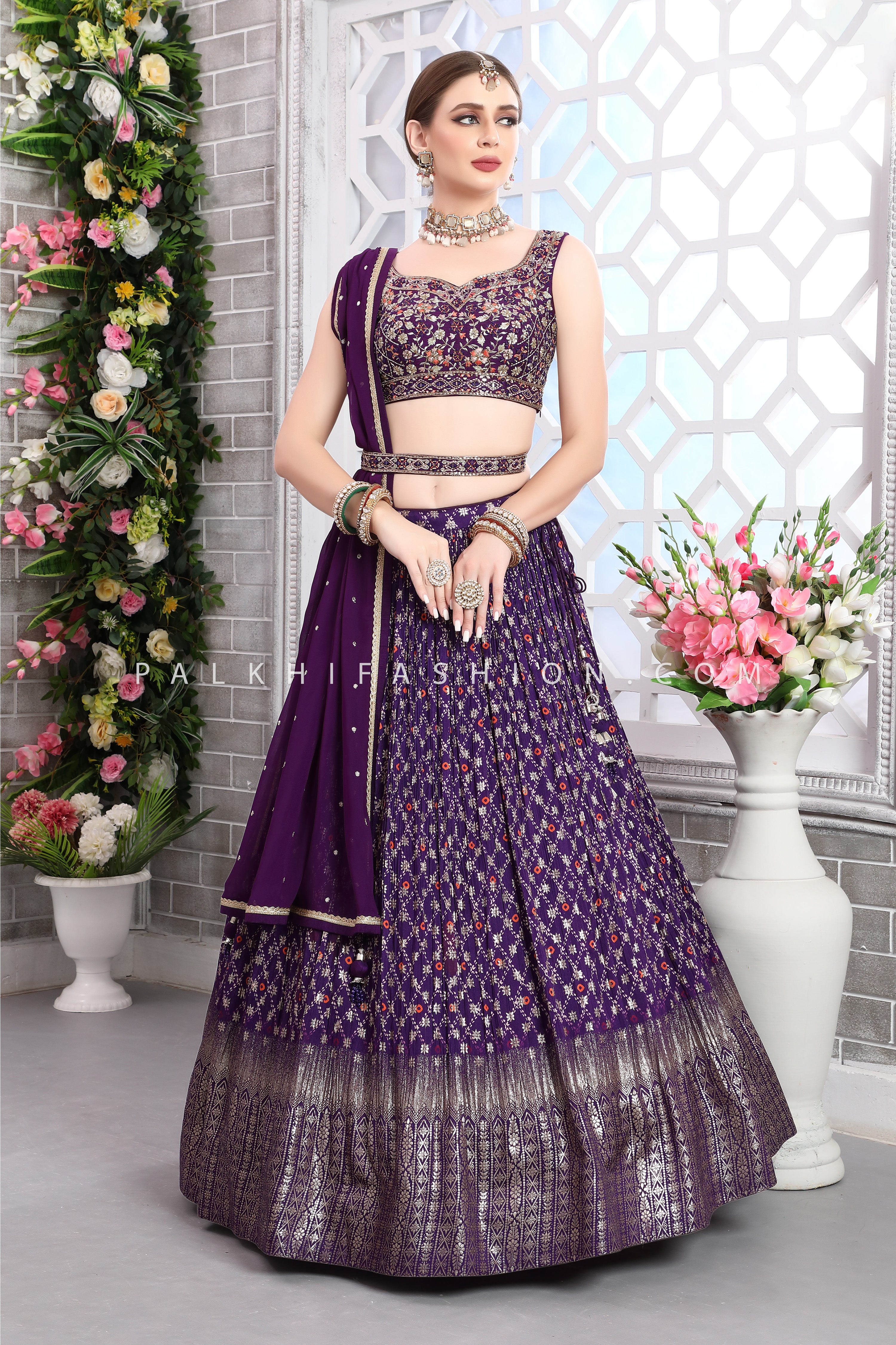Deep Purple Chinon Silk Lehenga Choli with Elegant Embroidery 
