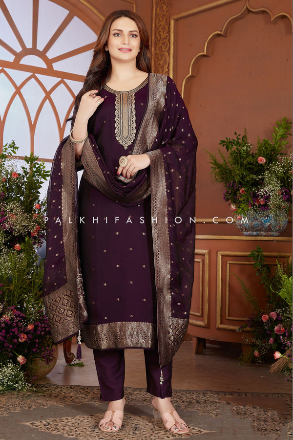 Deep Purple Color Straight-Cut Suit with Elegant Work