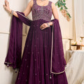 Majestic Amethyst | Deep Purple Pleated Georgette Anarkali Gown with Zari Work | Palkhi Fashion