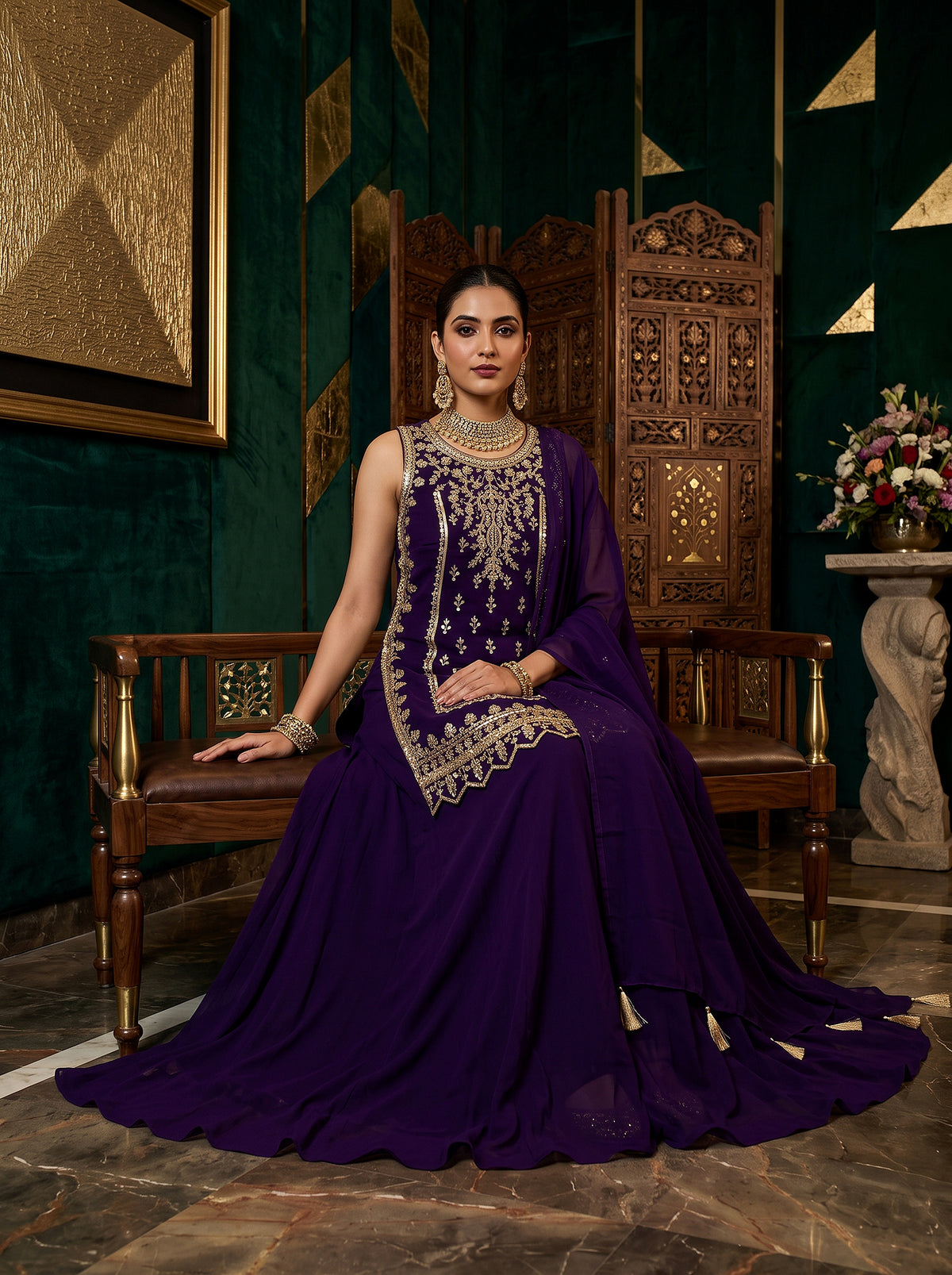Regal Radiance | Deep Purple Georgette Palazzo Kurta Set with Cutdana Work | Palkhi Fashion
