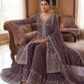 Plum Majesty | Deep Lilac Embroidered Jacket Style Palazzo Suit | Palkhi Fashion