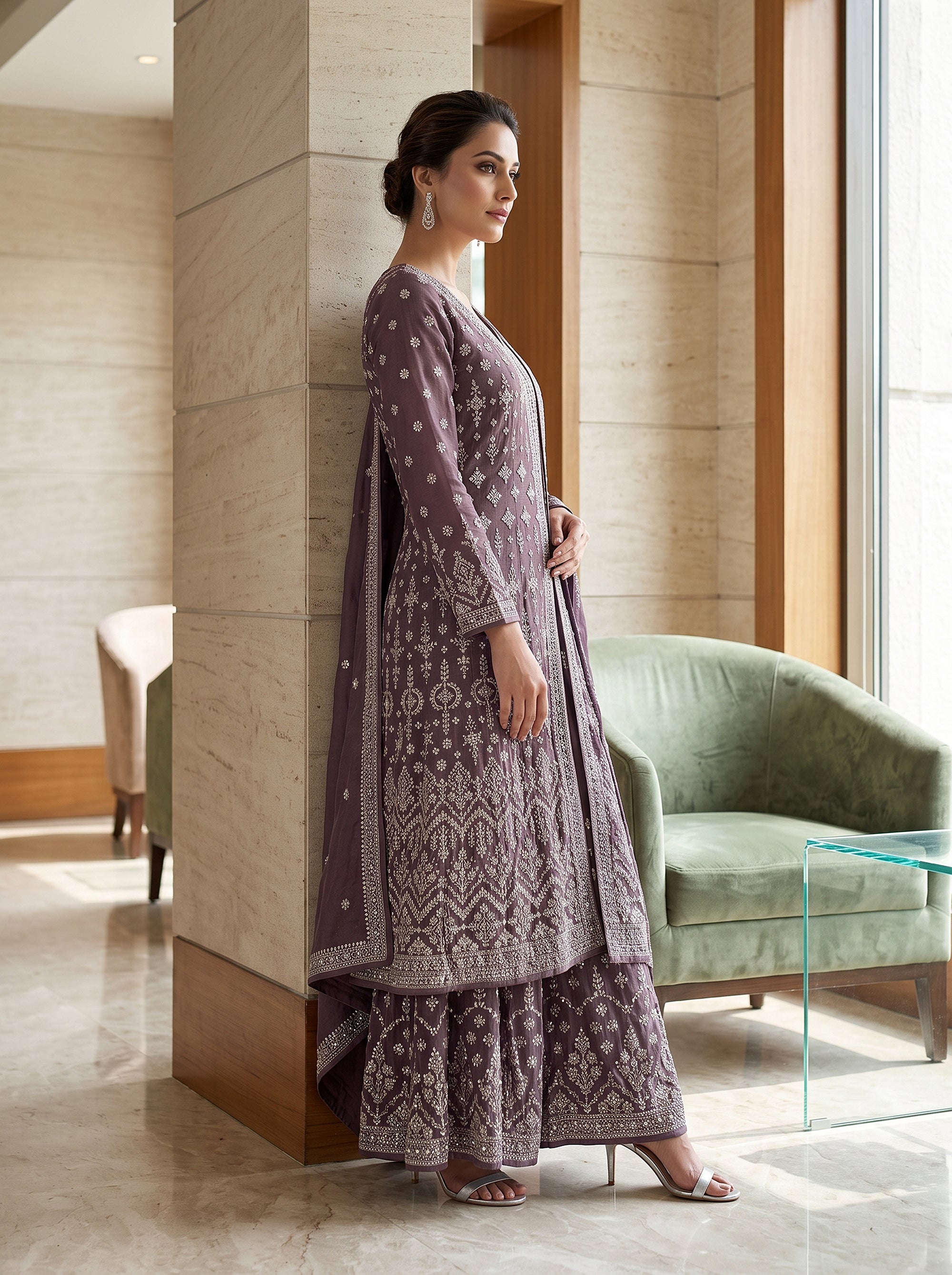 Plum Majesty | Deep Lilac Embroidered Jacket Style Palazzo Suit | Palkhi Fashion