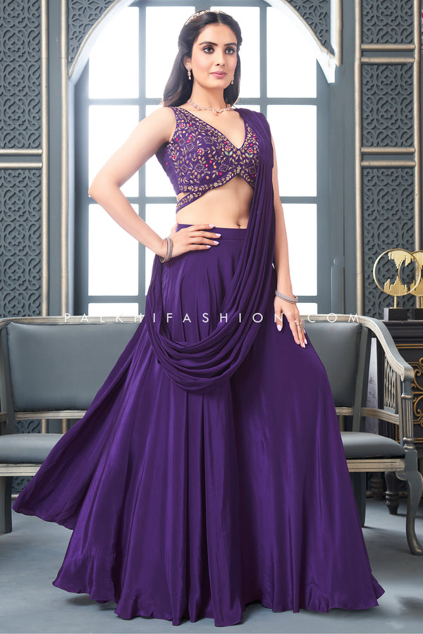 Deep Purple Palazzo Outfit With Attached Drape