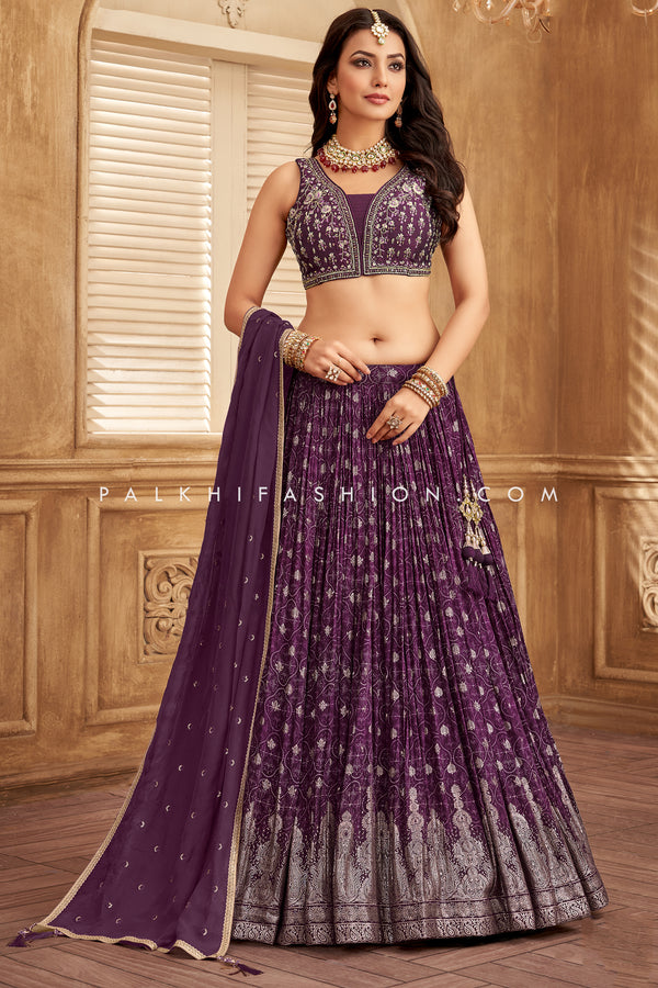 Deep Purple Pure Silk Lehenga Choli with Handwork