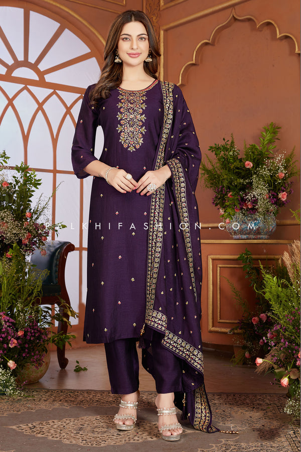 Deep Purple Straight-Cut Suit with Sequin & Thread Work