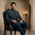 Grandeur Teal Silk Layered Indo Western Ensemble | Palkhi Fashion