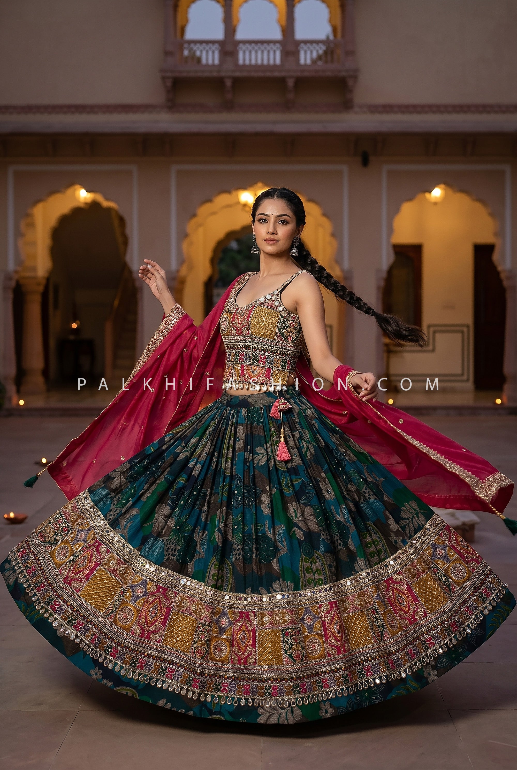 Royal Midnight Bloom – Teal Floral Navratri Chaniya Choli with Designer Blouse | Palkhi Fashion