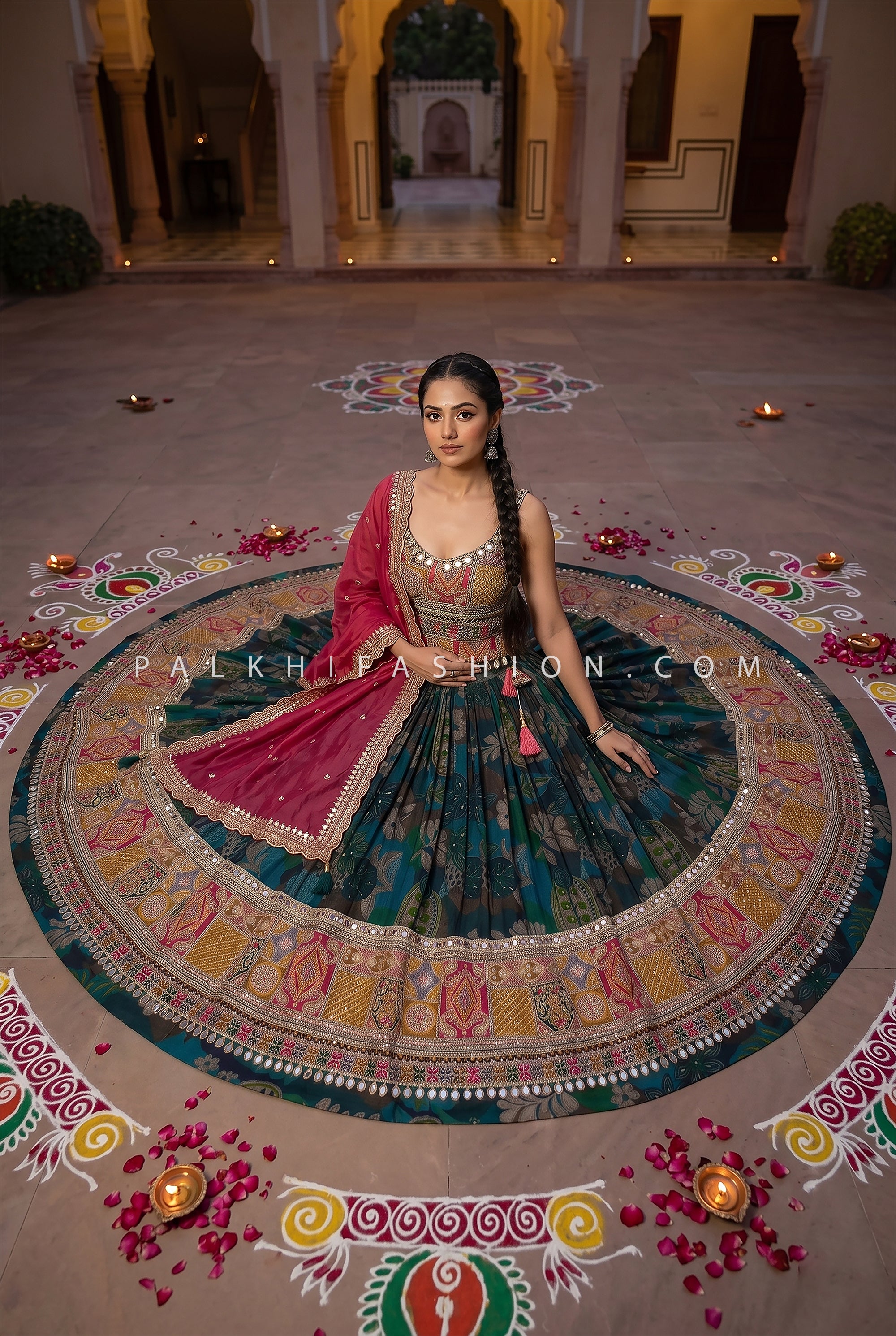 Royal Midnight Bloom – Teal Floral Navratri Chaniya Choli with Designer Blouse | Palkhi Fashion