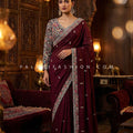 Royal Garnet – Deep Maroon Designer Saree with Embellished Kashmiri Floral Blouse | Palkhi Fashion