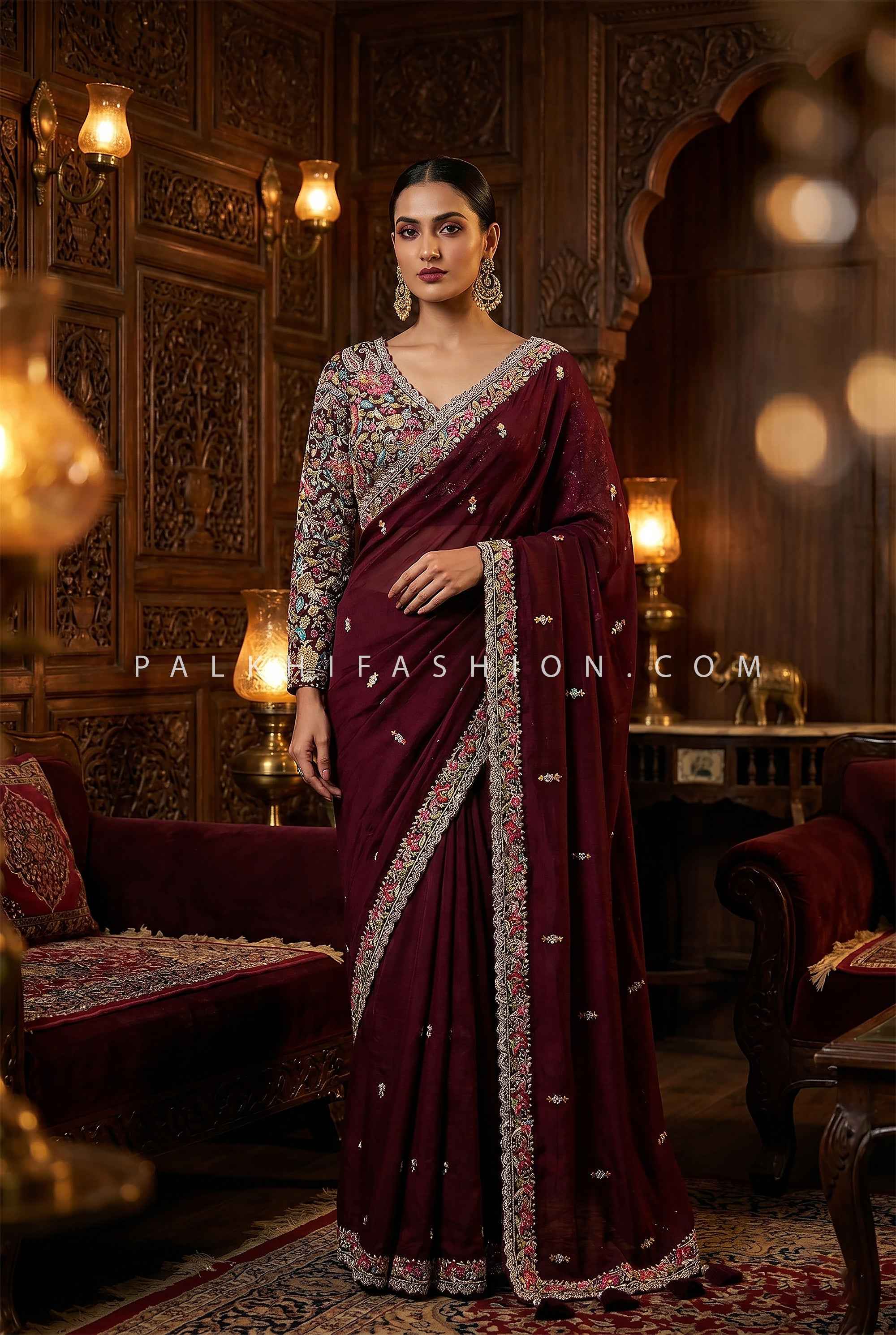 Royal Garnet – Deep Maroon Designer Saree with Embellished Kashmiri Floral Blouse | Palkhi Fashion