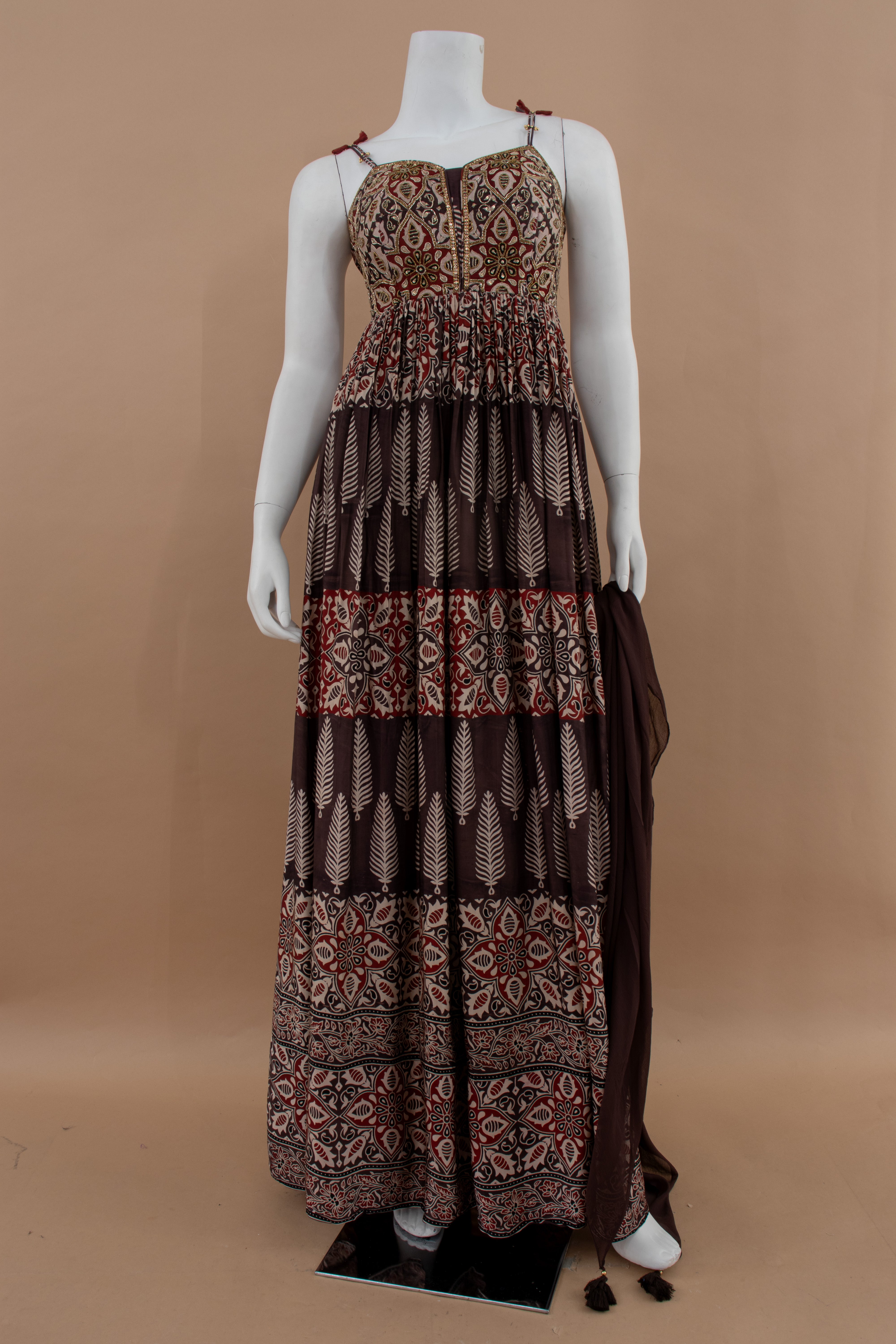 Desert Muse: Deep Brown Ajrakh Print Indian Outfit with Jacket – Palkhi Fashion