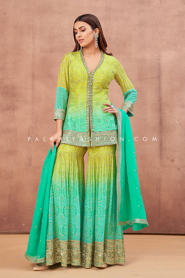 Designer Bandhani Gharara Suit with Appealing Work