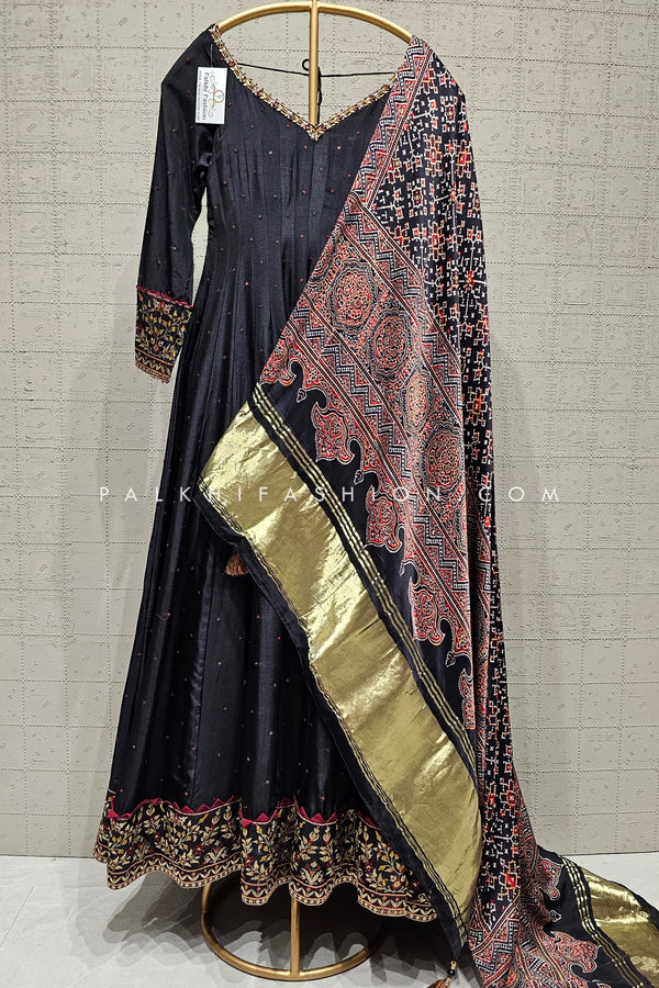 Designer Black Anarkali Suit with Pure Silk Ajrakh Dupatta