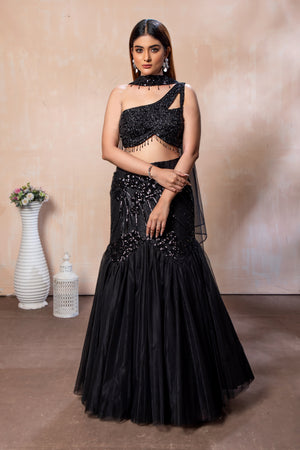 Designer Black Mermaid Lehenga Choli | One Shoulder Handwork Blouse 