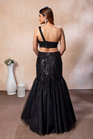 Designer Black Mermaid Lehenga Choli | One Shoulder Handwork Blouse 