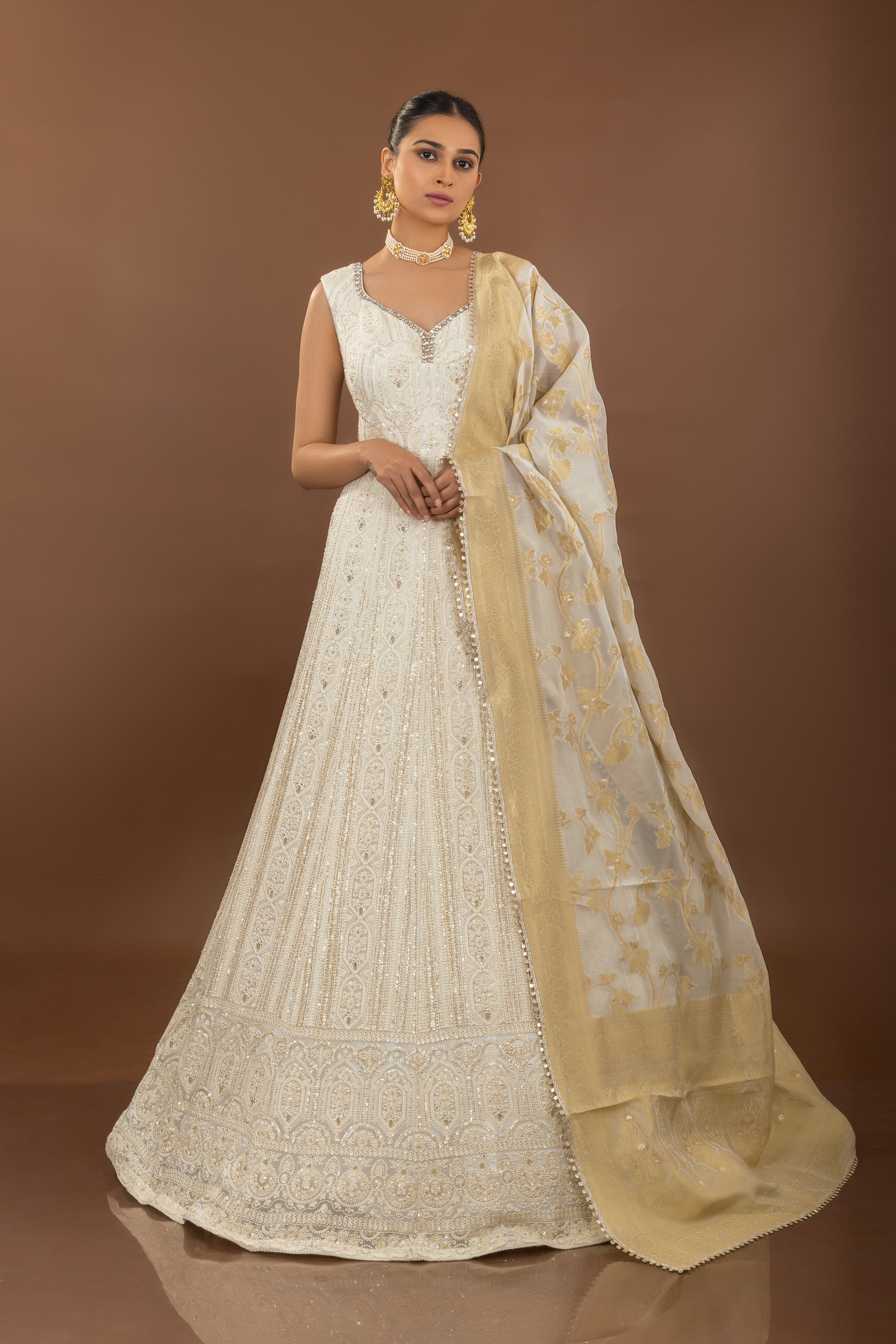 Designer Cream Color Anarkali Suit with Lakhnavi & Handwork