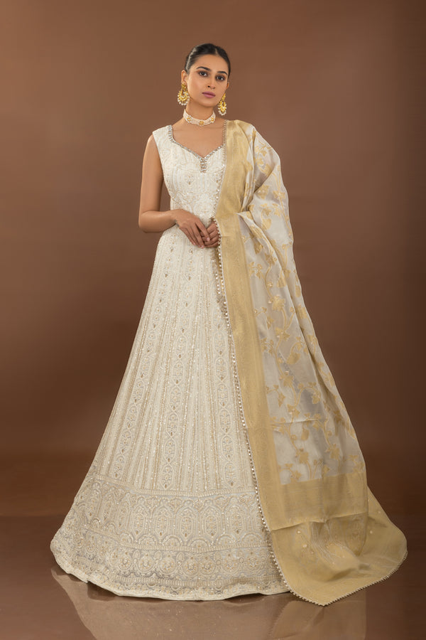Designer Cream Color Anarkali Suit with Lakhnavi & Handwork