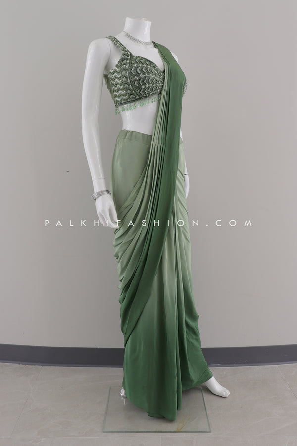 Designer Green Ombre Ready-to-Wear Silk Saree – Palkhi Fashion