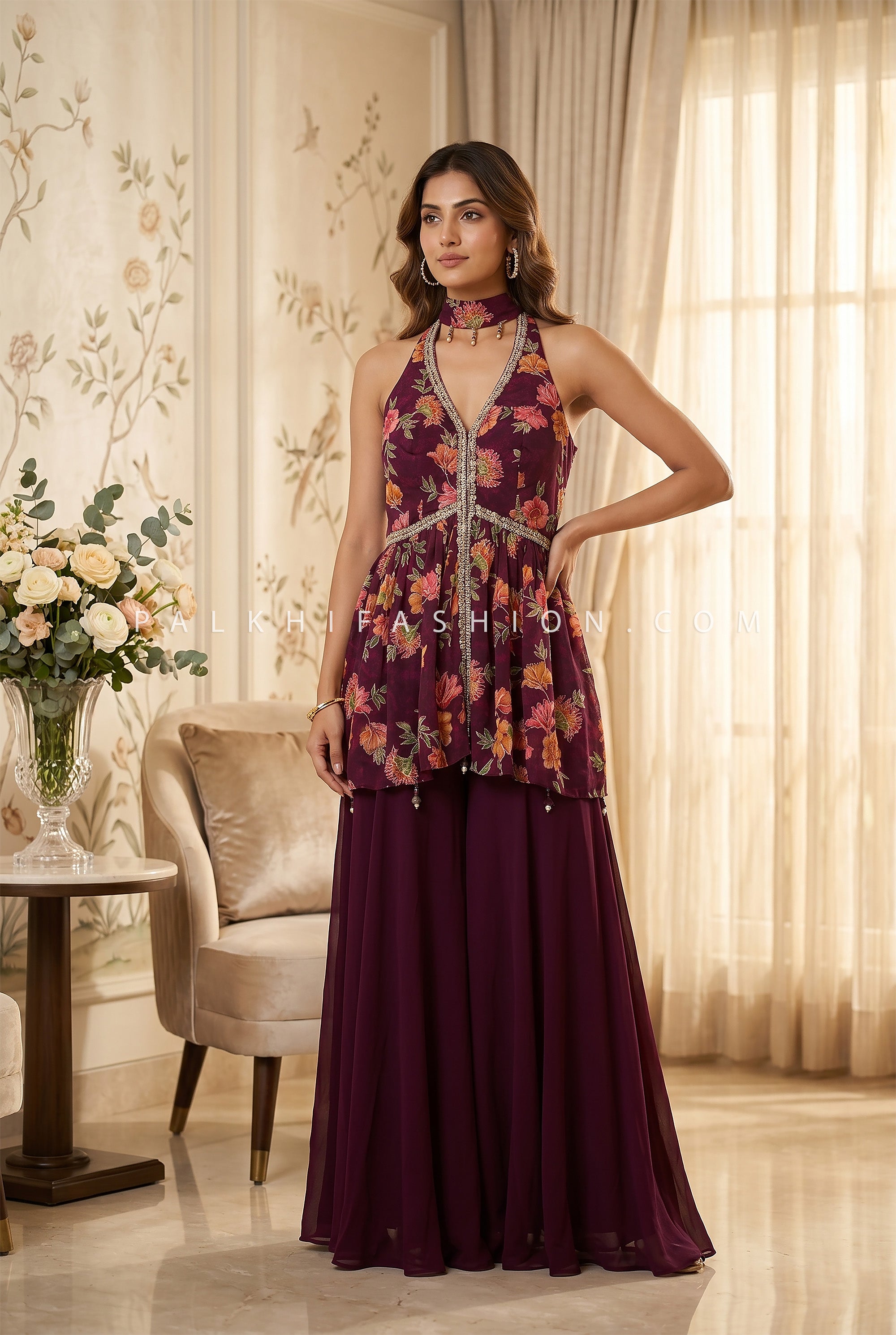 Designer Halter Palazzo Outfit With Floral Embellishments – Palkhi Fashion Houston