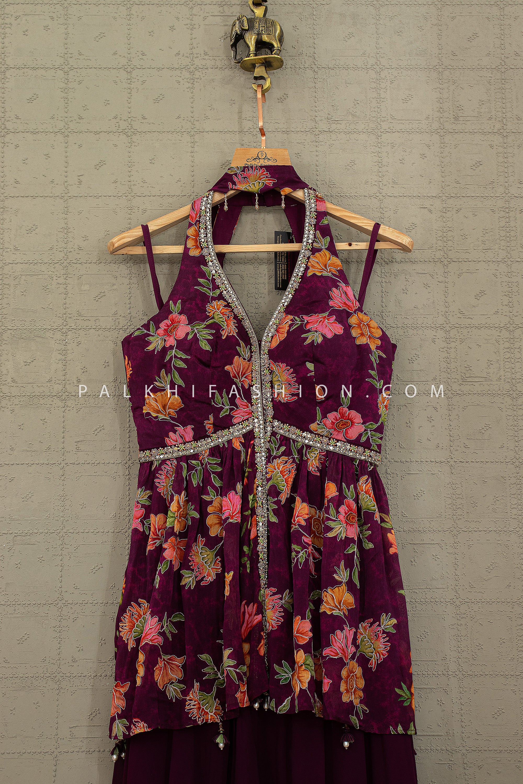 Designer Halter Palazzo Outfit With Floral Embellishments – Palkhi Fashion Houston