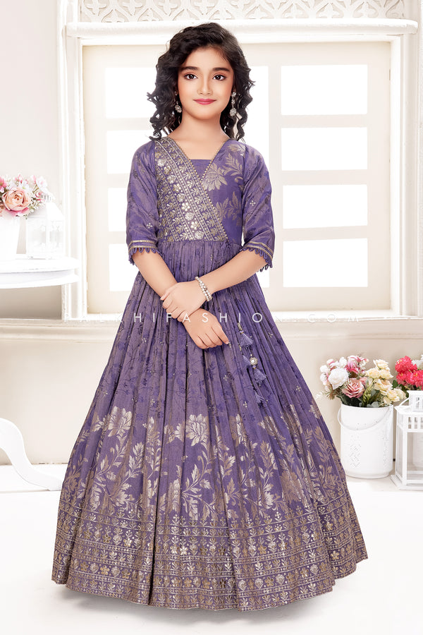 Designer Lilac Silk Gown for Girls with Elegant Silk Weaving