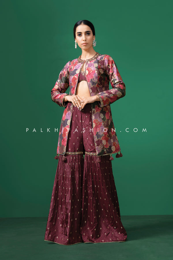 Designer Maroon Crop Top Palazzo Set with Jacquard Silk Jacket