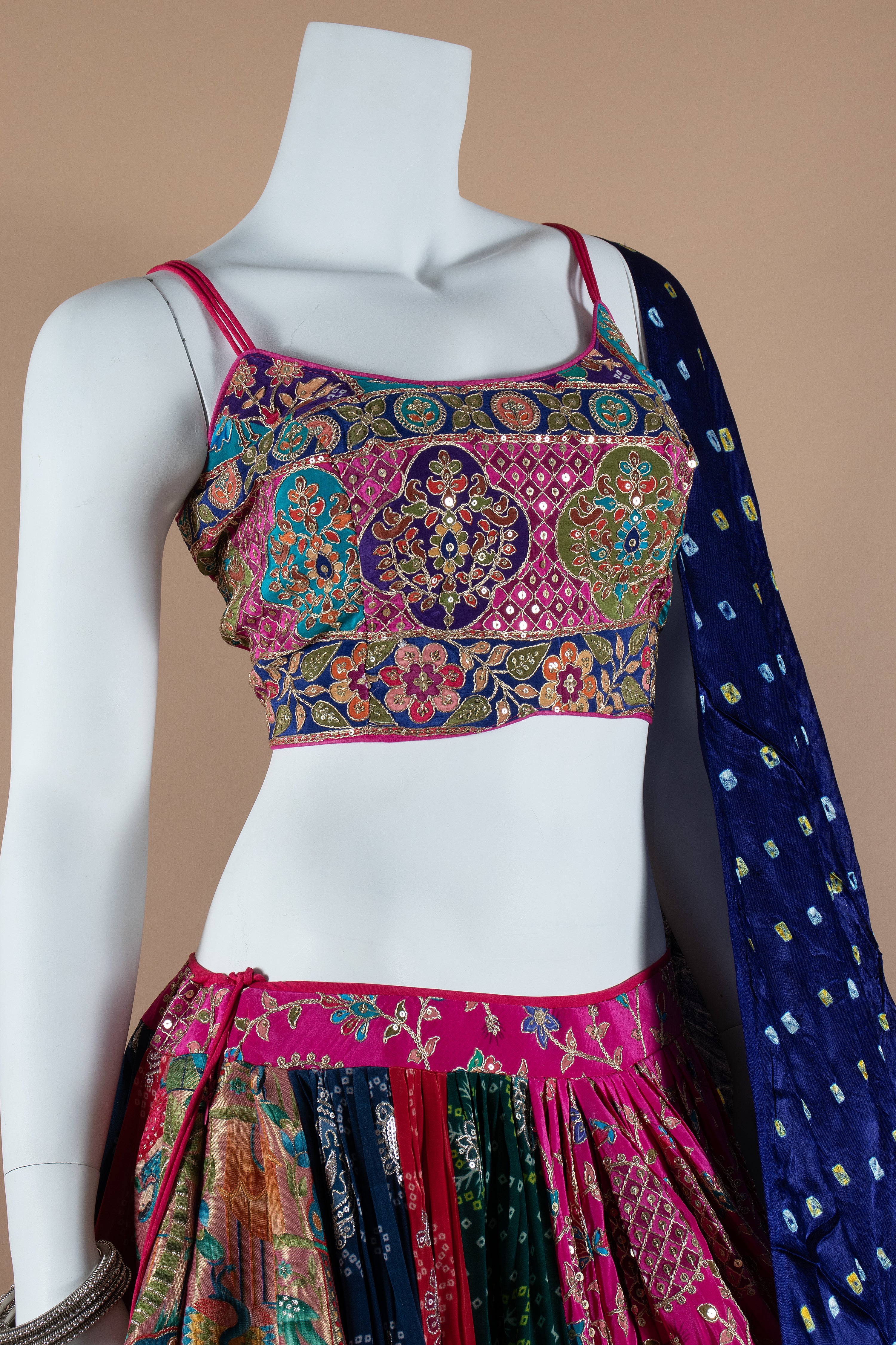 Designer Multicolor Chaniya Choli Set with Spaghetti Blouse & Gaji Silk Dupatta