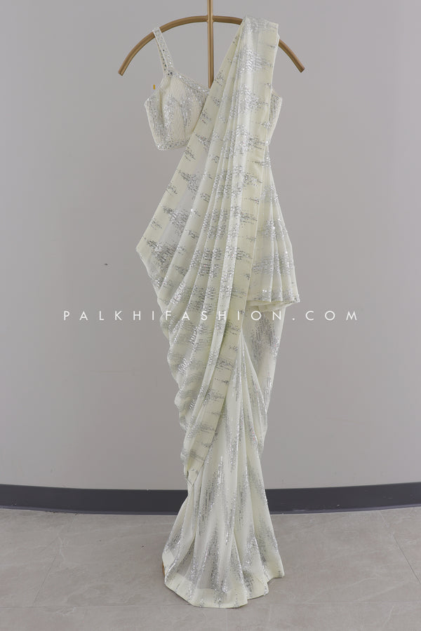 Designer Off-White Celebrity Inspired Saree with Readymade Blouse