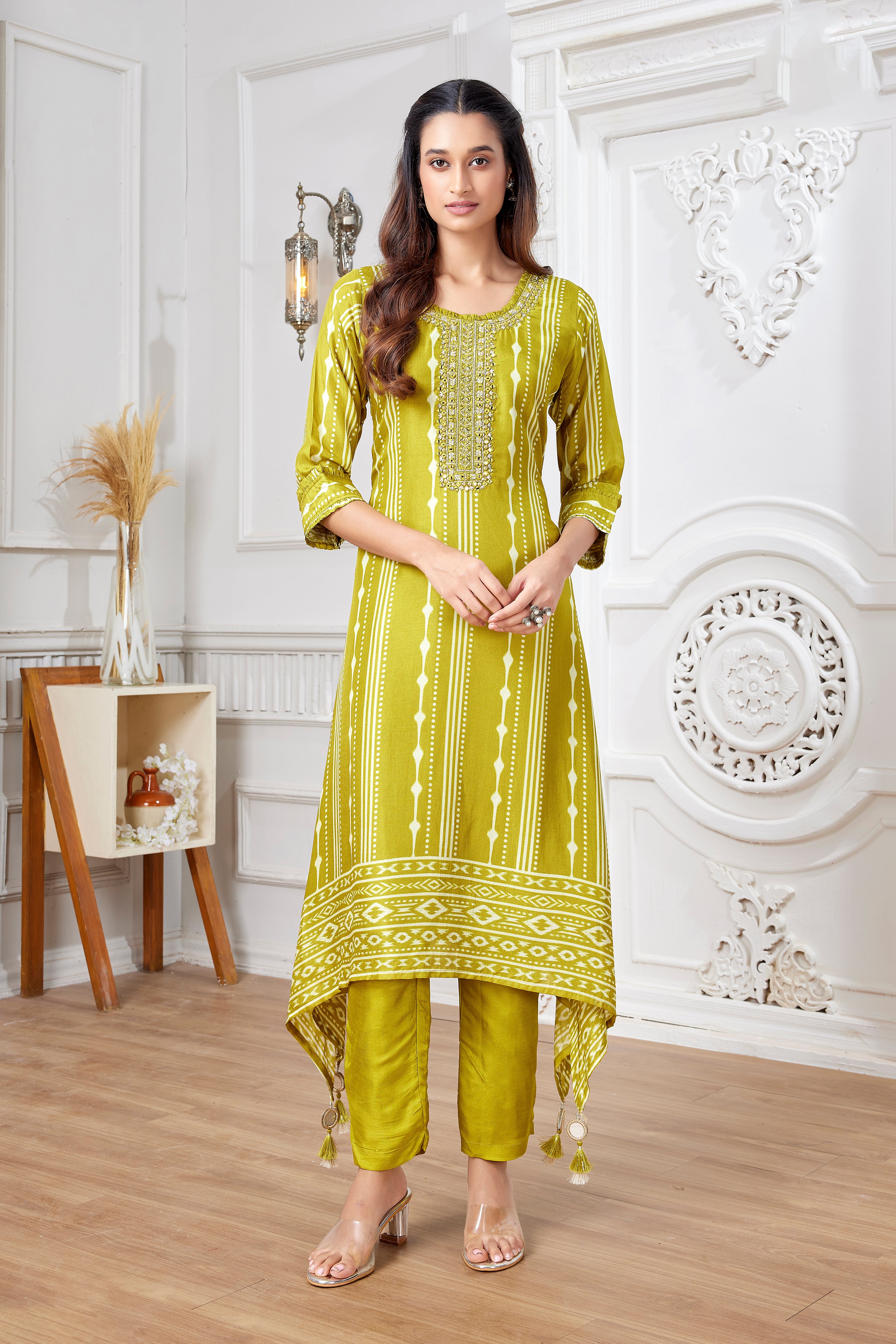 Designer Olive Yellow Salwar Kameez with Ikat Embroidery & Mirror Work