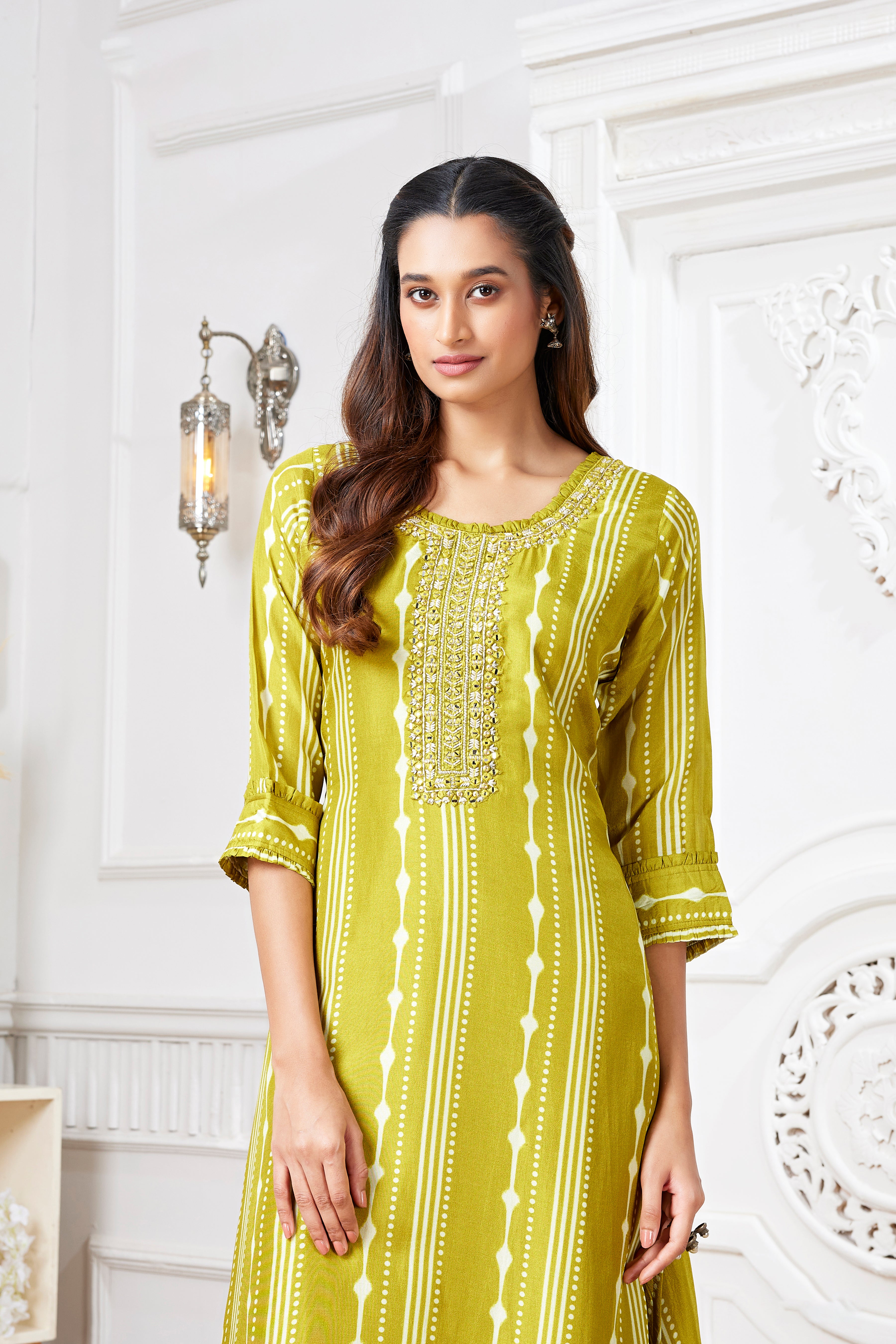 Designer Olive Yellow Salwar Kameez with Ikat Embroidery & Mirror Work