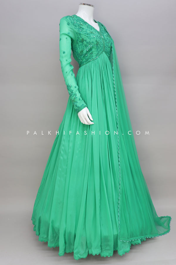 Designer Pastel Green Alia Cut Indian Outfit With Handwork