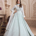 Designer Powder Blue Georgette Outfit Mirror and Handcrafted Details
