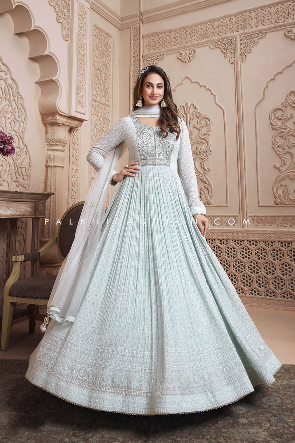 Designer Pastel Green Georgette Outfit Mirror and Handcrafted Details