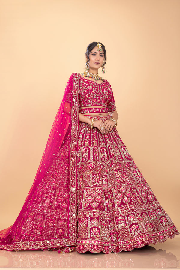 Designer Rani Pink Bridal Lehenga Choli With Embroidery & Handwork