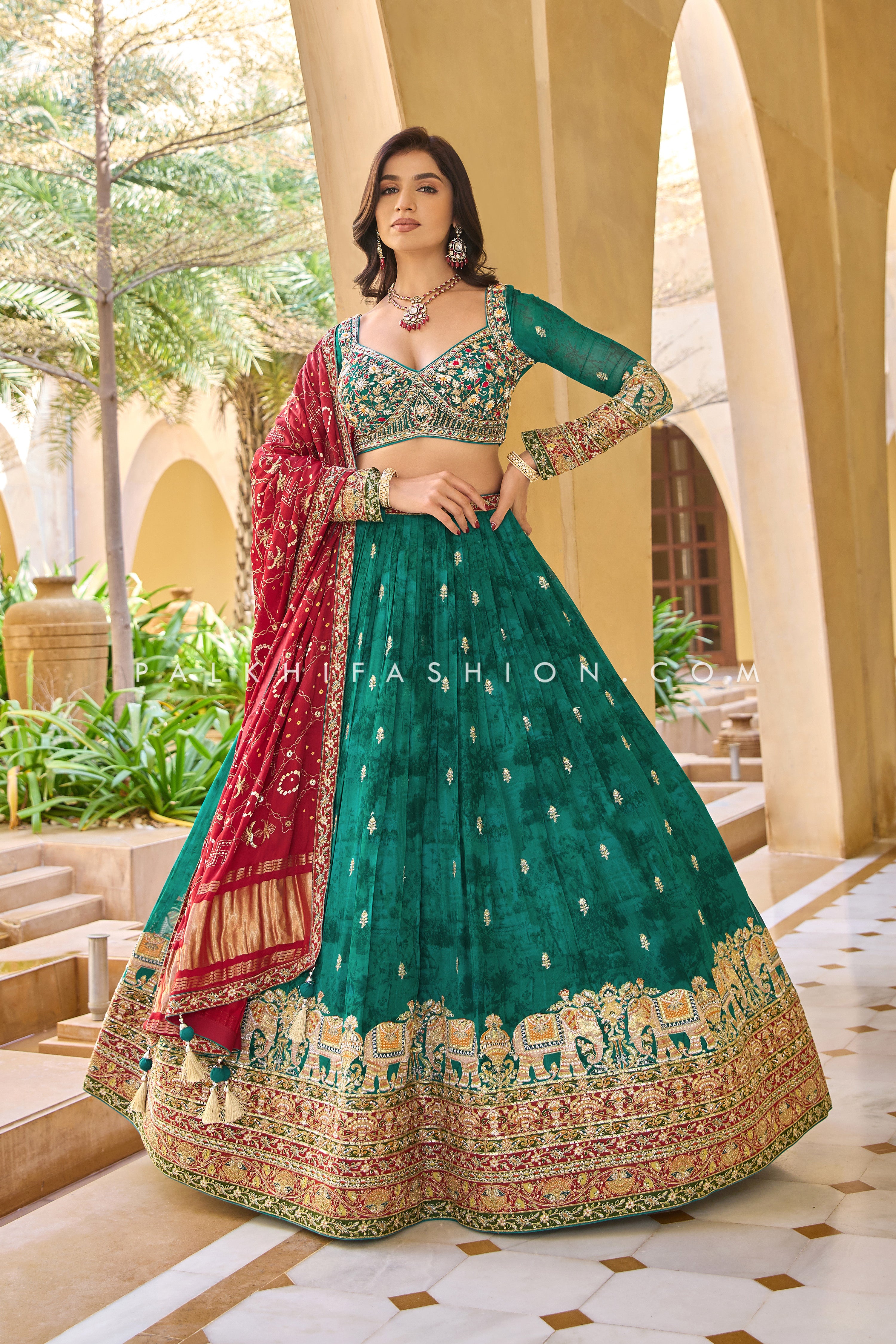 Designer Teal Green Lehenga Choli with Maroon Bandhani Dupatta | Palkhi Fashion
