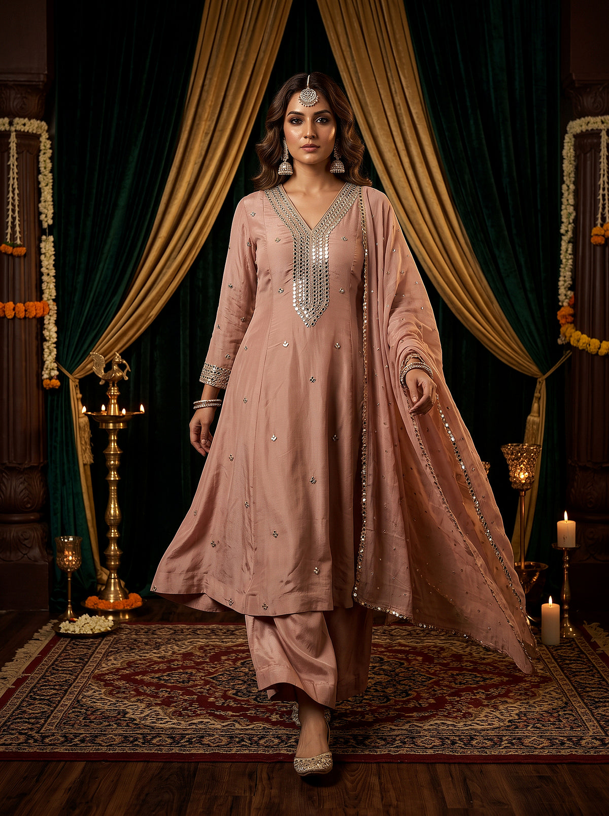 Blush Radiance | Designer Authentic Mirror Work Blush Silk A-Line Anarkali Suit | Palkhi Fashion