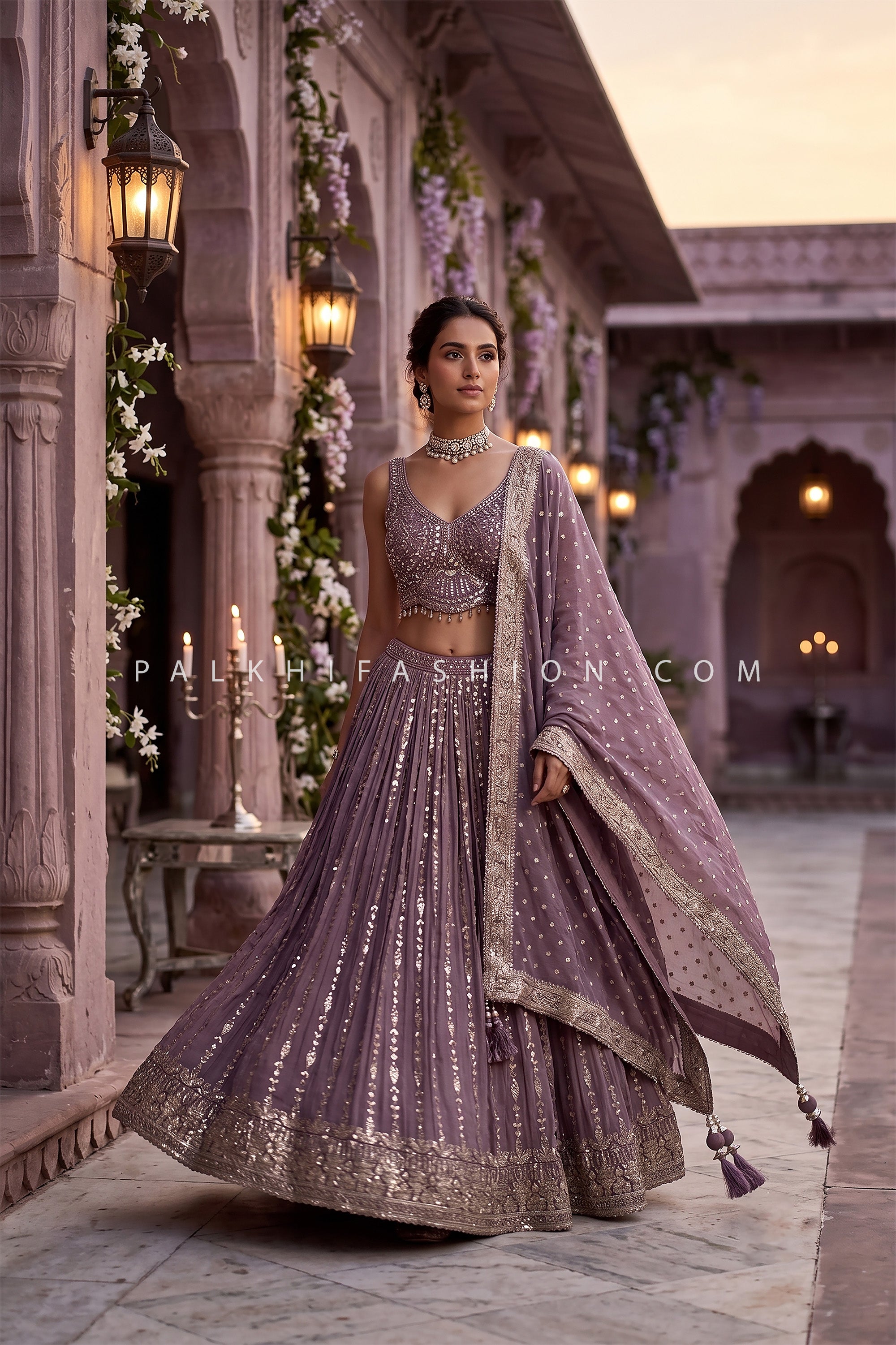 Moonlit Majesty – Dusty Lavender Designer Lehenga with Mirror Handwork & Embroidered Dupatta | Palkhi Fashion