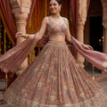 Floral Bloom | Dusty Pink Floral Printed Georgette Lehenga Set with Cutdana Work | Palkhi Fashion
