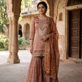 Vintage Radiance | Dusty Rose Tissue Silk Kurta Sharara Set with Zardozi Work | Palkhi Fashion