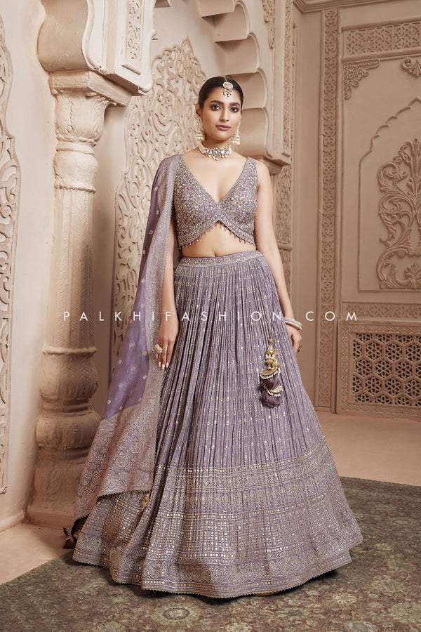 Elegance in Embroidery: Signature Lilac Georgette Lehenga Choli - Palkhi Fashion