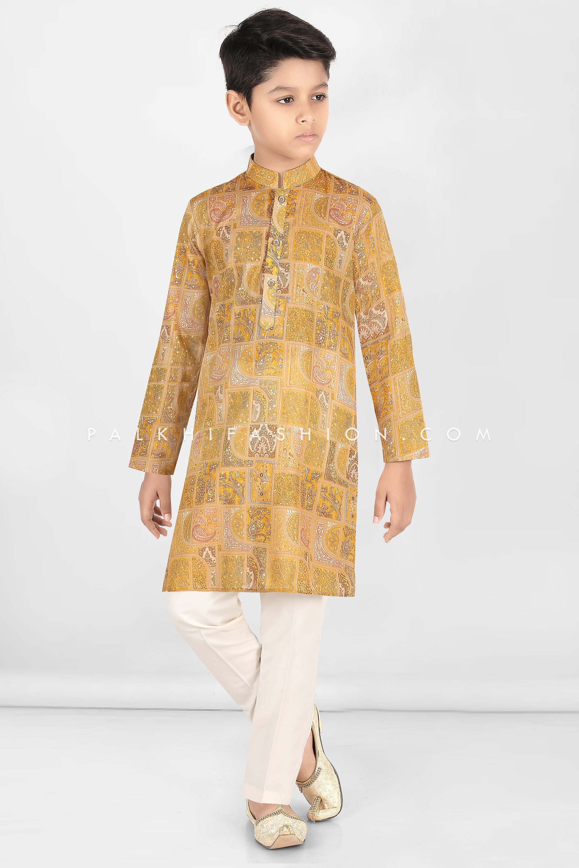 Elegant Beige Boys Kurta Pajama Set with Regal Prints - Palkhi Fashion 