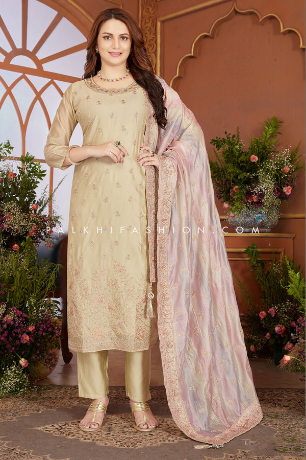 Elegant Beige Straight-Cut Suit Multicolor Silk Dupatta